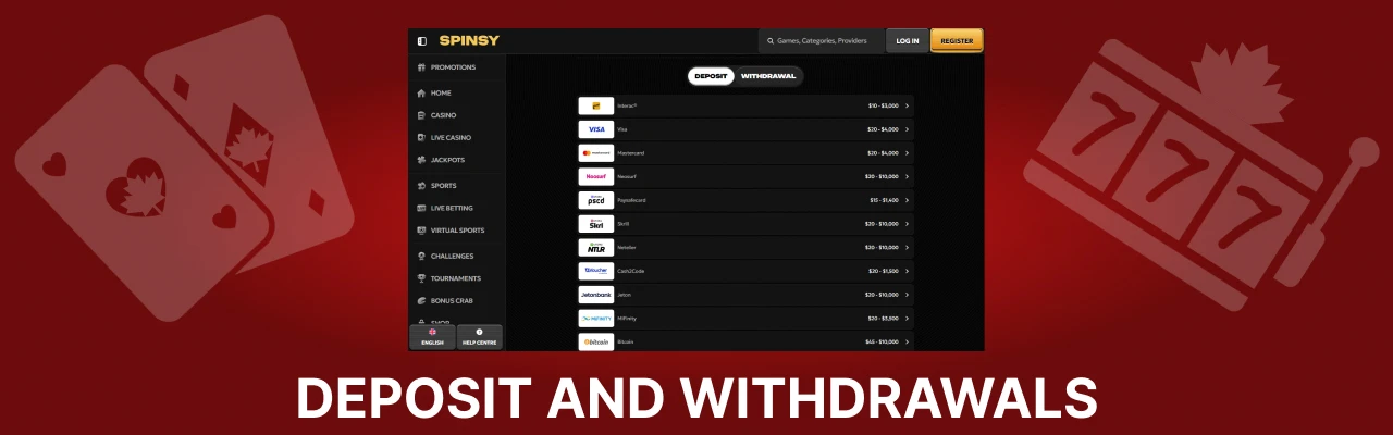 Deposit and withdraw of spinsy casino
